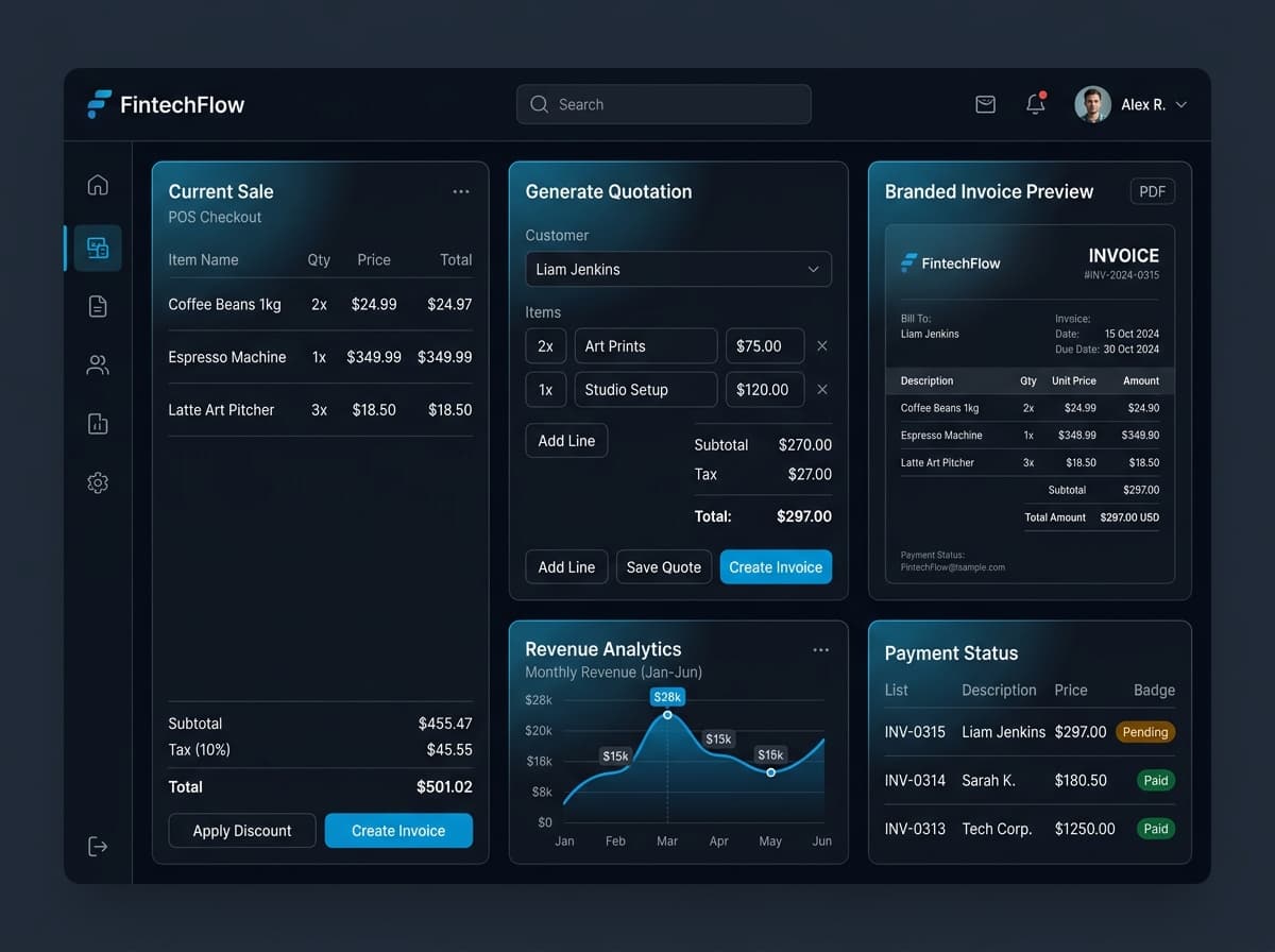 POS checkout and automated invoicing system dashboard preview with quotations, branded PDF invoice, revenue analytics and payment tracking