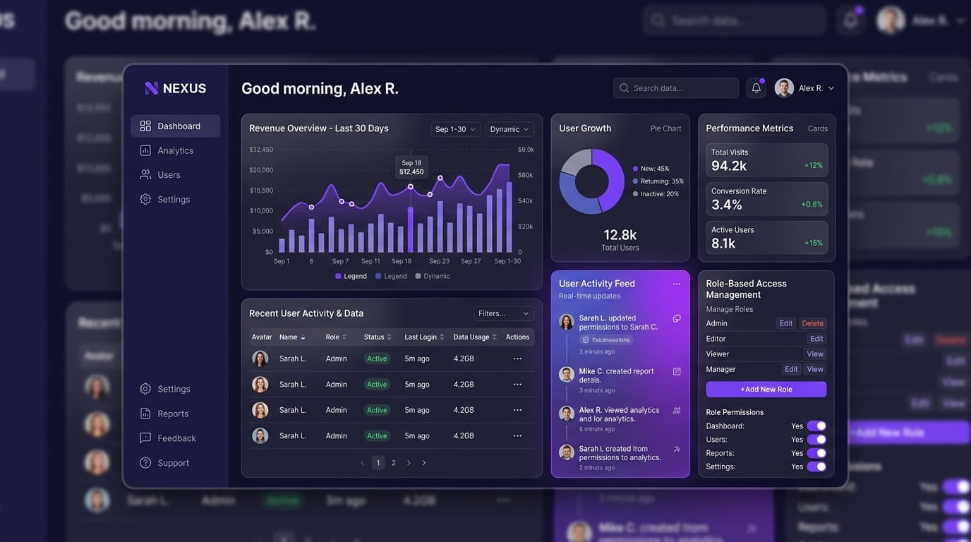 Custom web application admin dashboard preview with user growth and activity metrics