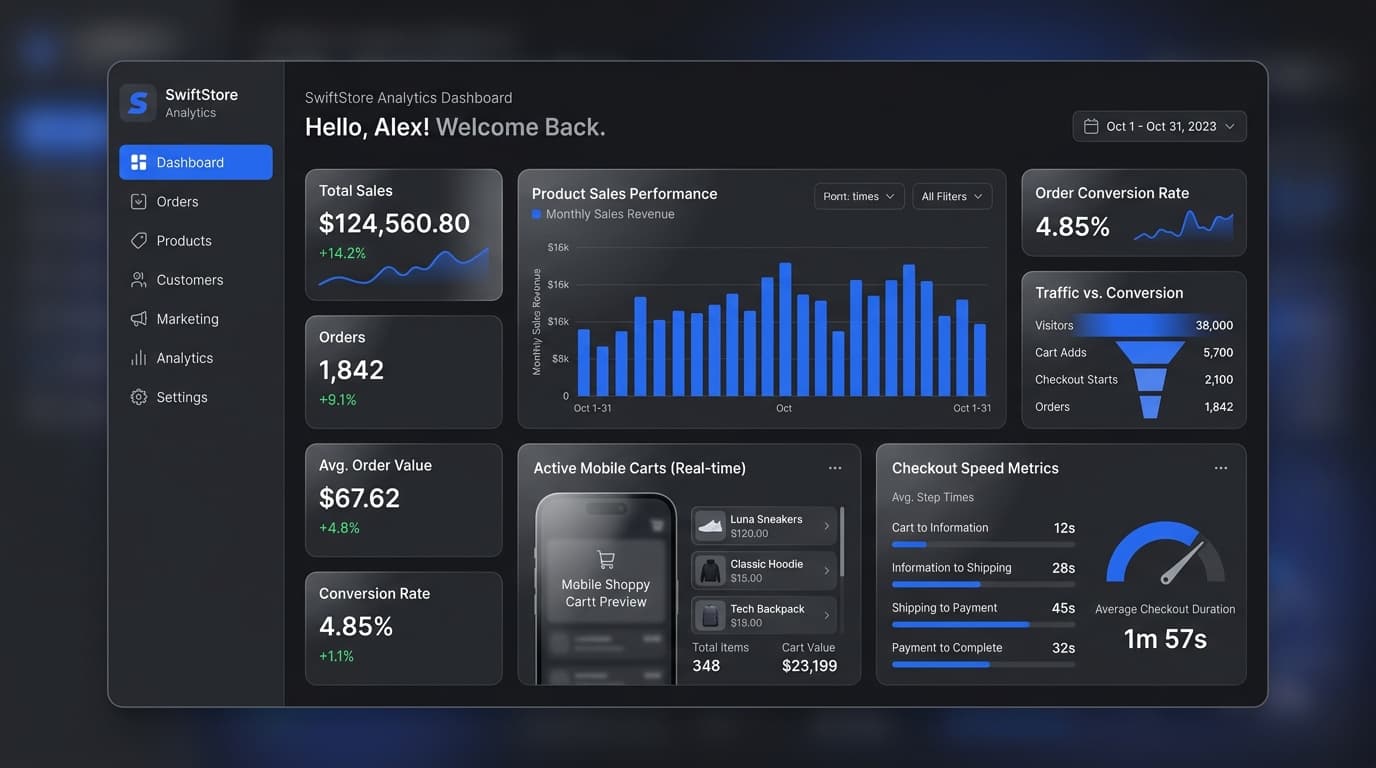 E-commerce storefront and Shopify conversion analytics dashboard preview