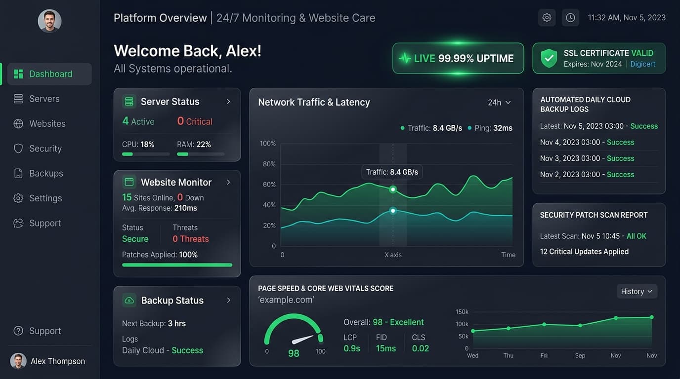 24/7 website care, live uptime monitoring and server health dashboard preview